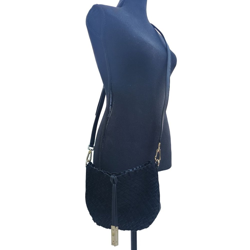 Calvin Klein Black Leather Suede Woven Bucket Bag Crossbody Purse Adjustable